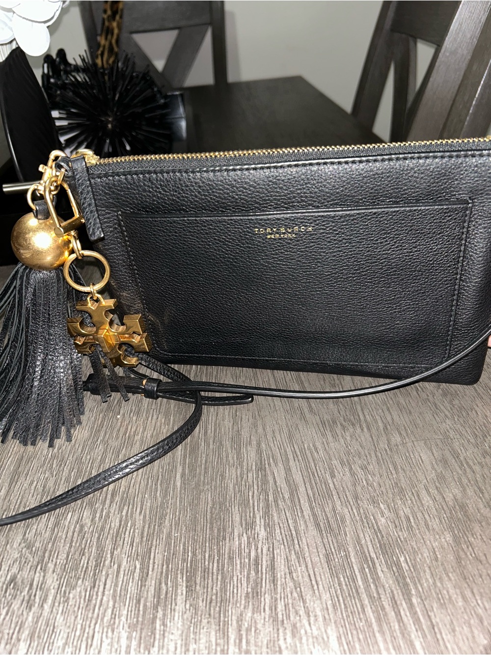 Tory Burch Black Leather Crossbody with Gold Logo Key Chain Charm and Tassel.